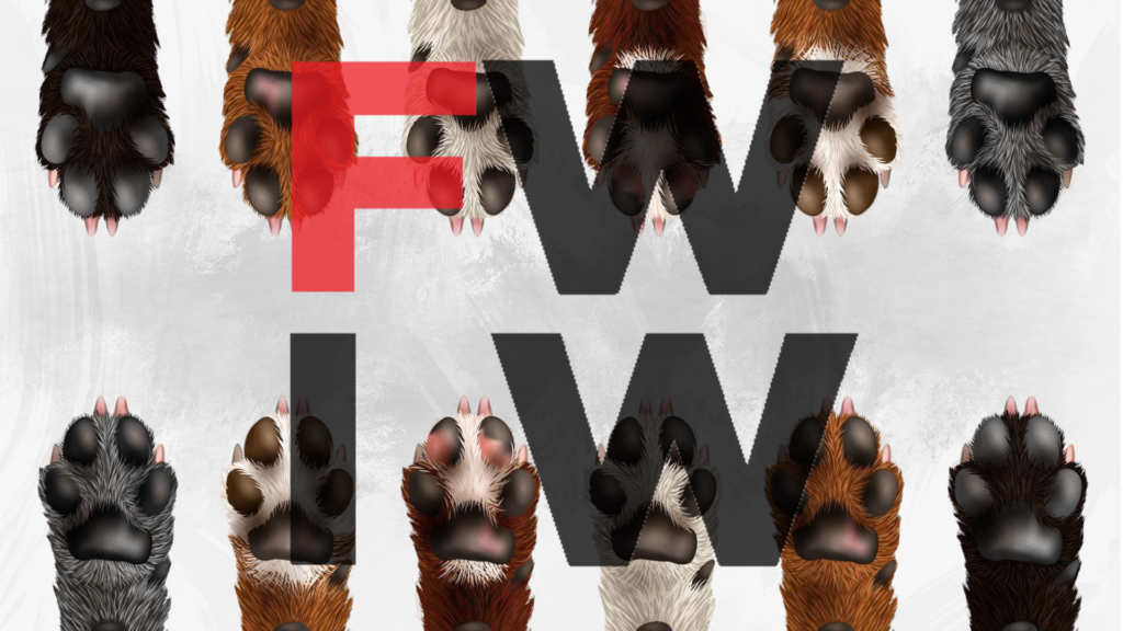image with rows of dog paws along the top and bottom with the fur what its worth logo in the middle